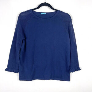 J. McLaughlin Navy Blue Cotton Sweater Ruffle Trim Sleeves Size XS